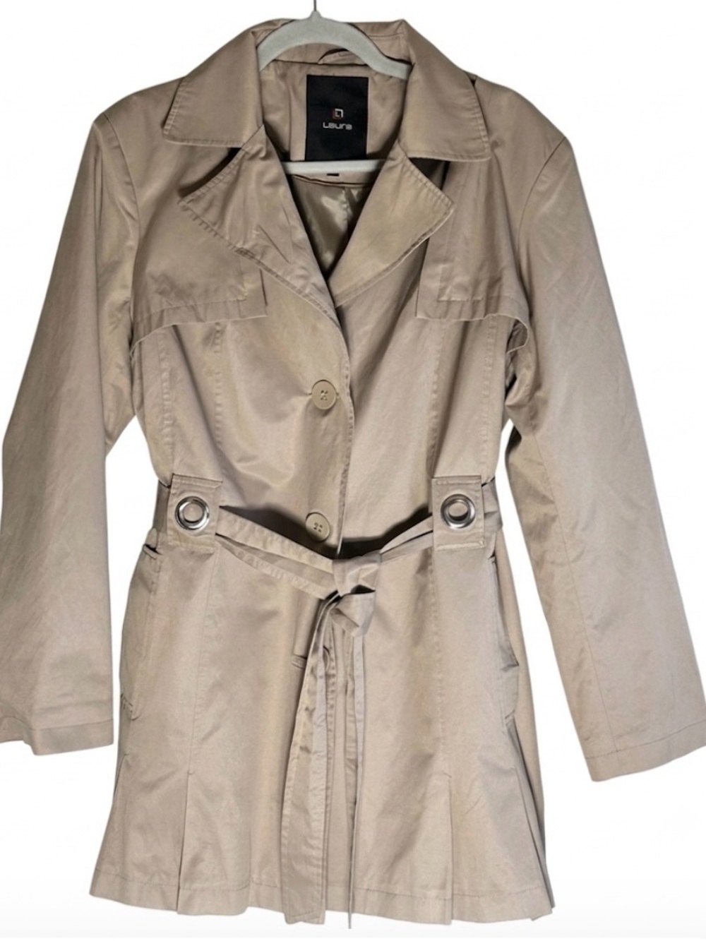 Laura Tan Belted Trench Coat Pleated Hem Grommet Sz 14